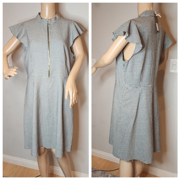 NWT Rachel Zoe Flutter Sleeve A-Line Dress Black White Plaid Houndstooth Size 14 - Picture 6 of 15